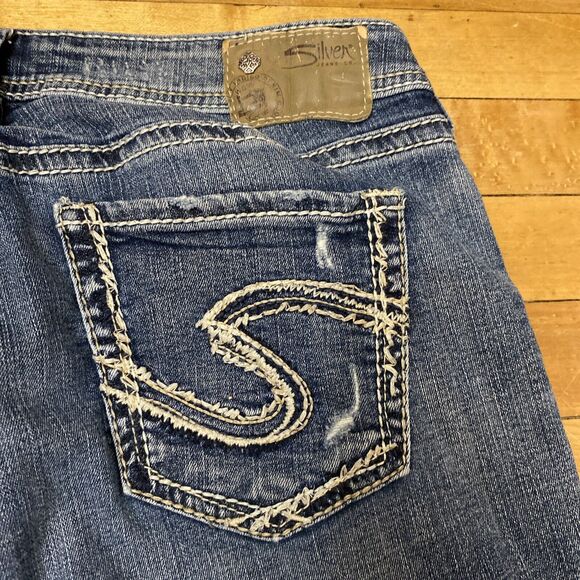 Silver Boyfriend Jeans Size 29/25 Distressed Medium Wash Super Stretch Mid Rise - Picture 15 of 16